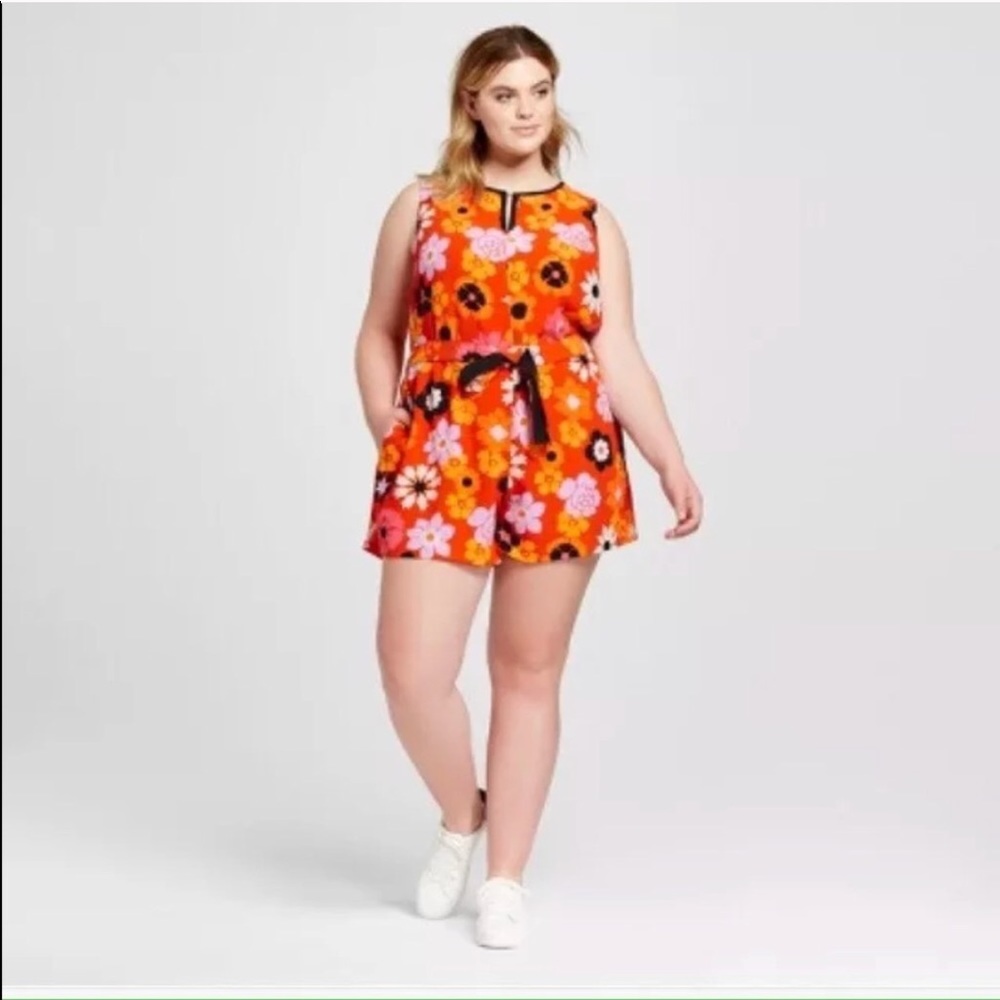 Victoria Beckham Target Orange Floral Romper Shorts 2X Tie Waist Mod Plus Size